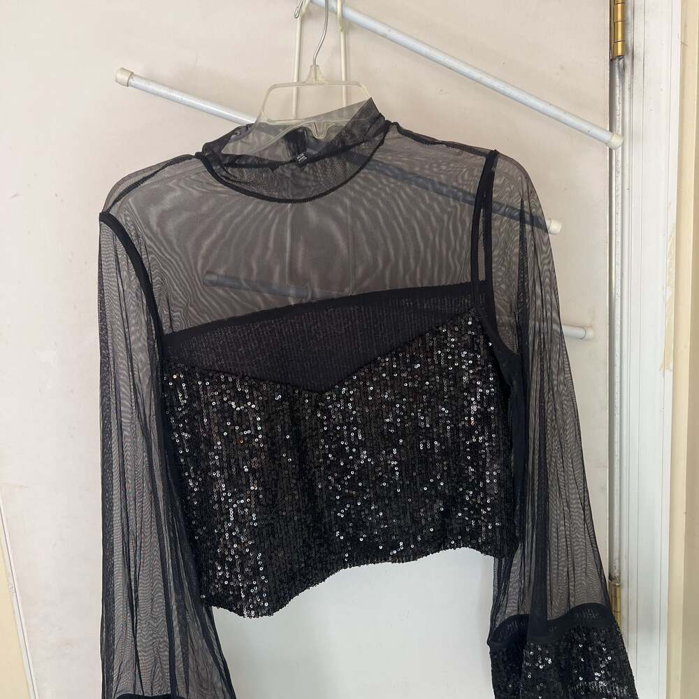 Eloquii Black Sequin Sheer Mock Neck Top 14/16